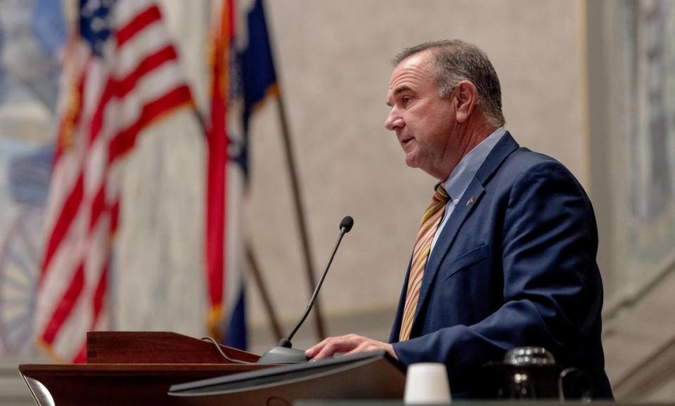 Lt. Gov. Mike Kehoe speaks during a Senate session on Tuesday, March 7, 2023, at the state Capitol in Jefferson City, Mo.