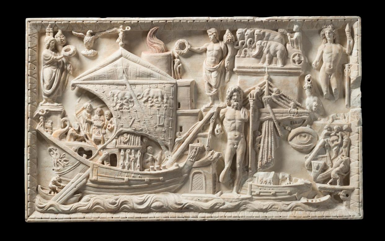 A stone relief depicts the ancient Roman port of Portus - Torlonia Foundation