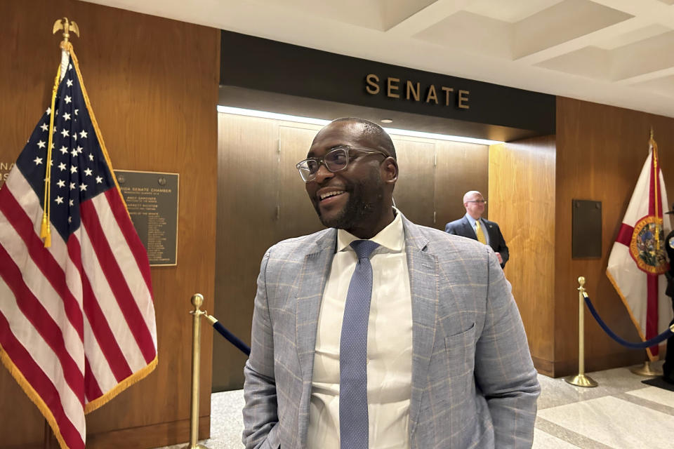 Democratic Florida Sen. Shevrin Jones is pictured outside the Senate chambers in Tallahassee, Fla., Wednesday, April 26, 2023. Jones and other LGBTQ+ lawmakers around the country feel like they are fighting for their existence in conservative states where anti-LGBTQ+ legislation is moving forward. (AP Photo/Brendan Farrington)