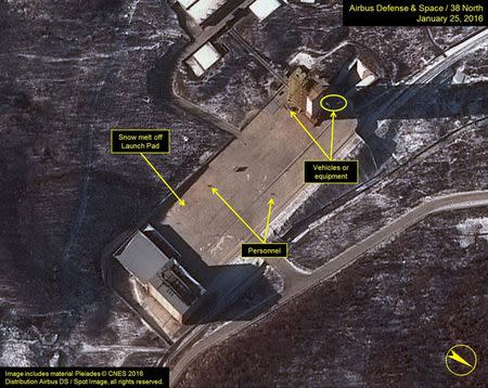 Airbus Defense & Space and 38 North satellite imagery dated January 25, 2016 shows three objects at the base of the gantry tower that are either vehicles or equipment at Sohae Satellite Launching Station in North Korea in this image released on January 28, 2016. REUTERS/Airbus Defense & Space and 38 North/Handout via Reuters