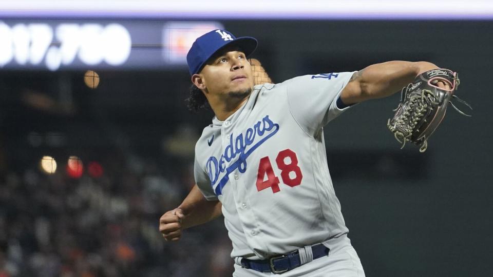 The Dodgers' Brusdar Graterol celebrates after throwing a pitch against the San Francisco Giants