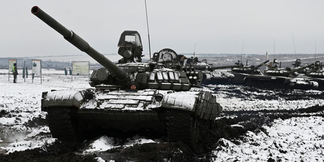 A view shows Russian T-72B3 main battle tanks during combat exercises at the Kadamovsky range in the southern Rostov region, Russia January 12, 2022.