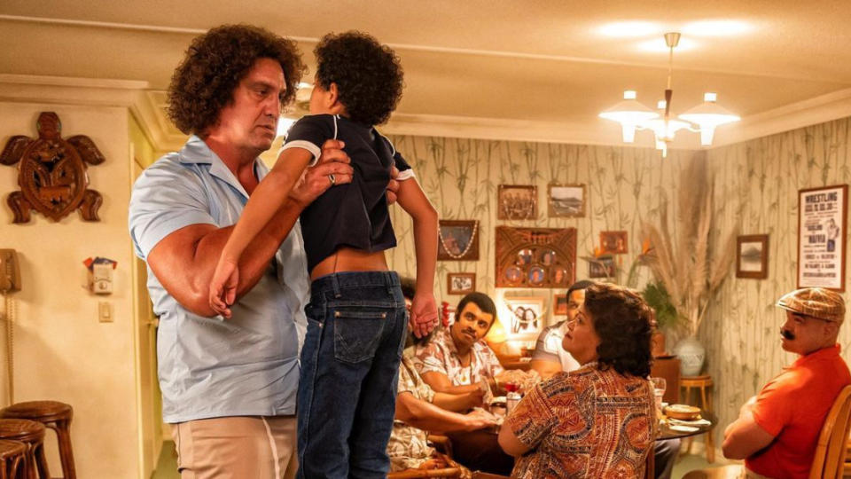 Matthew Willig as Andre the Giant and Adrian Groulx as Dwayne Johnson in 'Young Rock'. (Credit: Dwayne Johnson/Instagram/NBC)