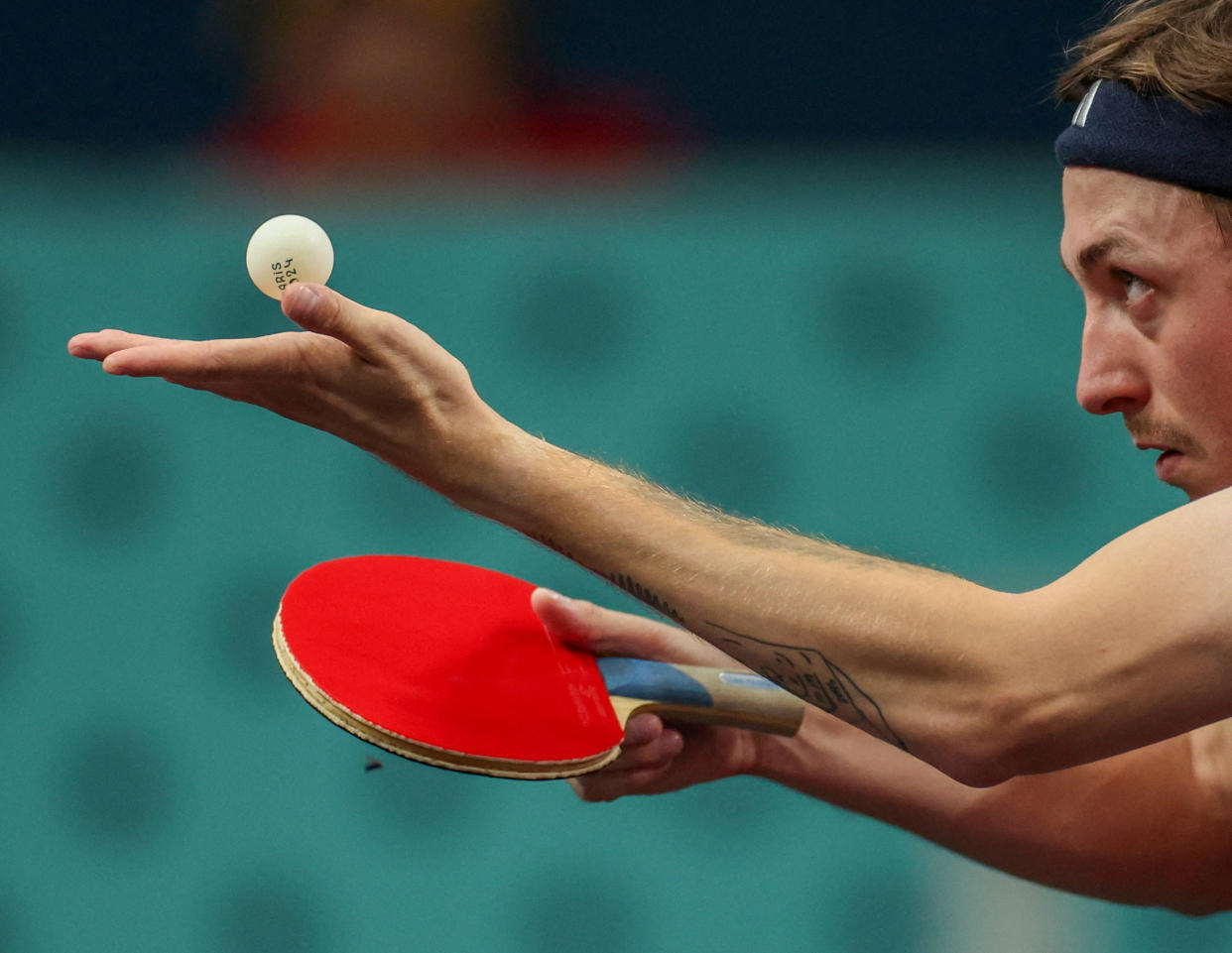 Liam Pitchford of Britain in action during his round of 32 table tennis match against Darko Jorgic of Slovenia on July 31, 2024. (Isabel Infantes/Reuters)