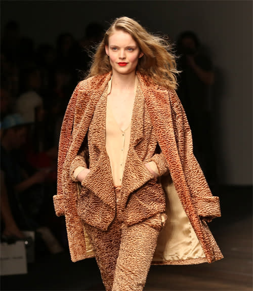 <b>London Fashion Week AW13: Felder Felder</b><br><br>Matching suit and coat in condensed animal print.<br><br>©PA