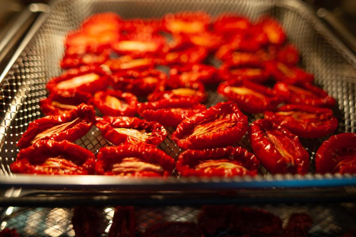 Sun-dried tomatoes on a baking sheet