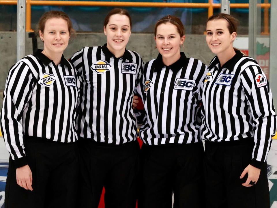 Left to right: Colleen Geddes, Megan Howes, Grace Barlow and Melissa Brunn formed the B.C. Hockey League's first ever all-female officiating crew for a Canadian Junior A level hockey game.  (B.C. Hockey League - image credit)