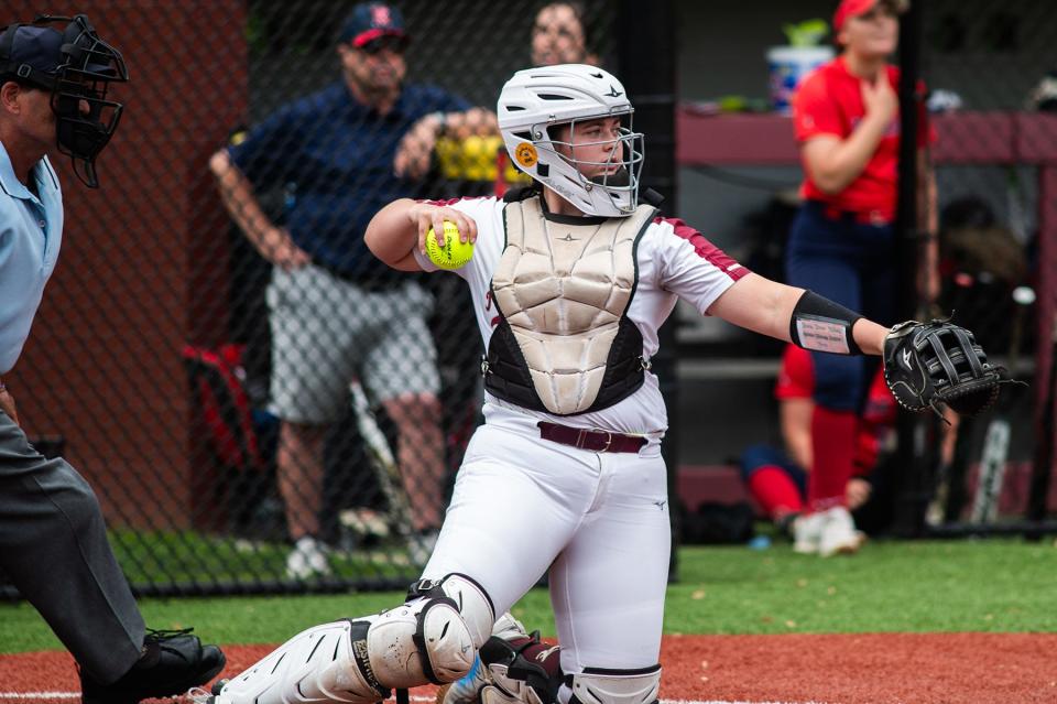 Arlington catcher Jocelyn Pepe tosses the ball back to Alyssa Liguori after an out against Ketcham during a Section 1 Class AAA softball quarterfinal on May 18, 2024.