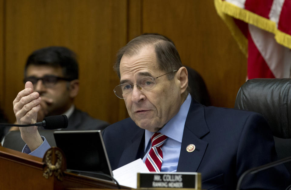 House Judiciary Committee Chairman Rep. Jerrold Nadler D-NY, speaks during a House Judiciary Committee debate to subpoena Acting Attorney General Matthew Whitaker, on Capitol Hill in Washington, Thursday, Feb. 7, 2019. (AP Photo/Jose Luis Magana)