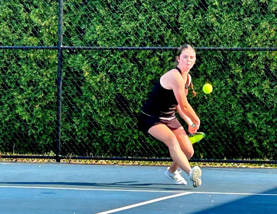 Cathedral Prep's Paige Patsy prepares to hit a backhand during Thursday's No. 1 singles match vs. Fairview's Hannah Nichols at Prep's Salata Tennis Complex. Patsy defeated Nichols 6-0, 6-1, a victory that also helped the Ramblers beat the Tigers 4-1.