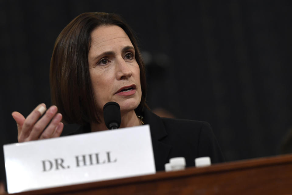 Former White House national security aide Fiona Hill testifies before the House Intelligence Committee on Capitol Hill in Washington, Thursday, Nov. 21, 2019, during a public impeachment hearing of President Donald Trump's efforts to tie U.S. aid for Ukraine to investigations of his political opponents.(AP Photo/Susan Walsh)