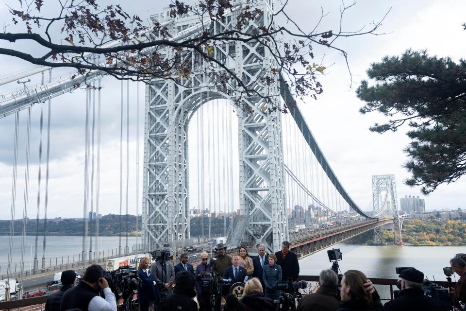 Nov 1, 2023; Fort Lee, NJ, USA; U.S. Rep. Josh Gottheimer speaks during a press conference about a lawsuit filed this week in an attempt to undo New York's congestion pricing plan.