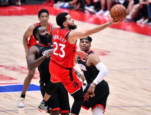 Fred VanVleet，場均19.4分、3.2籃板、8.6助攻、2.2抄截，堪稱是暴龍攻守的一大支柱。法新社