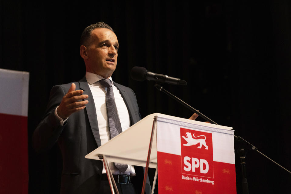 German Federal Foreign Minister Heiko Maas addresses an audience during an election campaign event in Denzlingen, Germany, Friday Aug. 13, 2021. Maas spoke on the further course of action of the Federal Government and its allies regarding the German Embassy in Kabul, Afghanistan. (Philipp von Ditfurth/dpa via AP)