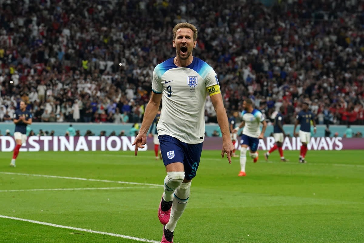 England’s Harry Kane celebrates scoring from the spot (Martin Rickett/PA). (PA Wire)