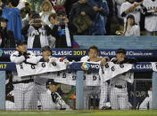 Japan players react after being defeated by the United States, 2-1, in a semifinal in the World Baseball Classic in Los Angeles, Tuesday, March 21, 2017. (AP Photo/Chris Carlson)