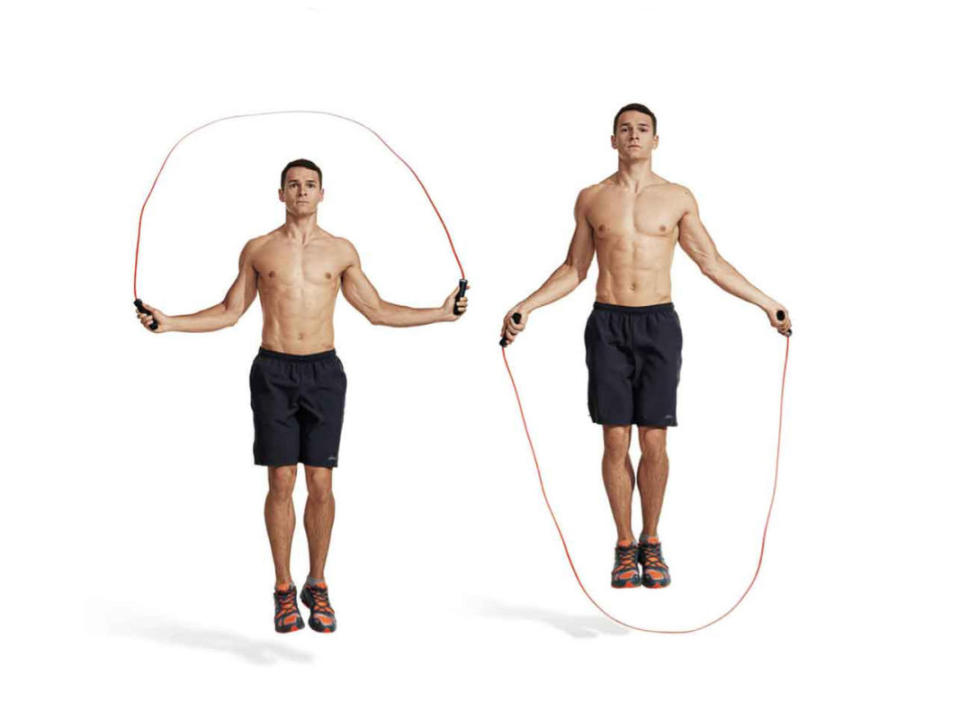 How to do it:<p>Perform exercise as a massive superset, rest 2 minutes, then repeat 5 times.</p><ol><li><strong>Jump Rope</strong> (60 seconds)</li><li><strong>Burpee</strong> (10 reps)</li><li><strong>Dumbbell Curl-To-Press</strong> or <strong>Double Kettlebell Swing </strong>(15 reps) </li><li><strong>Bear Crawl</strong> (60 seconds)</li></ol>