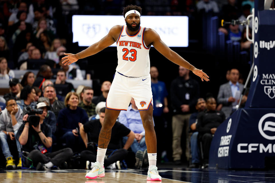 MINNEAPOLIS, MINNESOTA - NOVEMBER 20: Mitchell Robinson #23 of the New York Knicks readies for play against the Minnesota Timberwolves in the fourth quarter at Target Center on November 20, 2023 in Minneapolis, Minnesota. The Timberwolves defeated the Knicks 117-100. NOTE TO USER: User expressly acknowledges and agrees that, by downloading and or using this photograph, User is consenting to the terms and conditions of the Getty Images License Agreement. (Photo by David Berding/Getty Images)