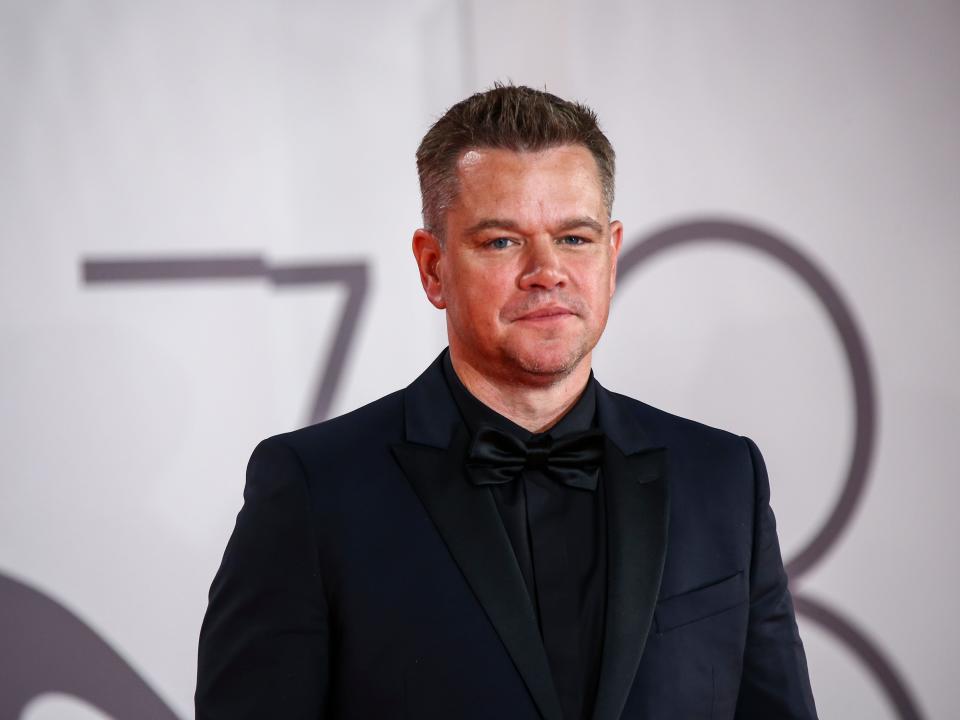 Matt Damon poses for photographers upon arrival at the premiere of the film "The Last Duel" during the 78th edition of the Venice Film Festival in Venice, Italy, Friday, Sept. 10, 2021.