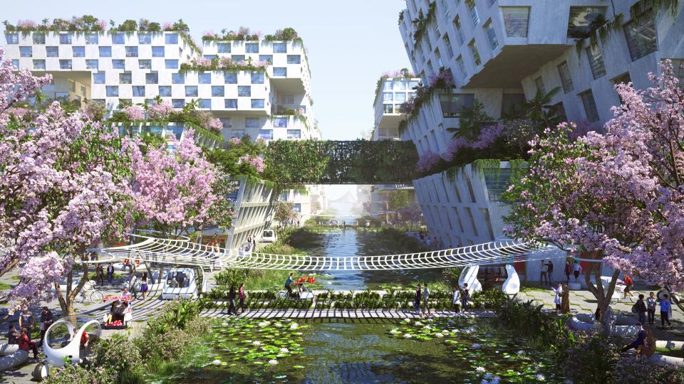 A rendering shows how BIG plans to build structures that cantilever over the street, providing protection from the natural elements for passersby, regardless of the weather.