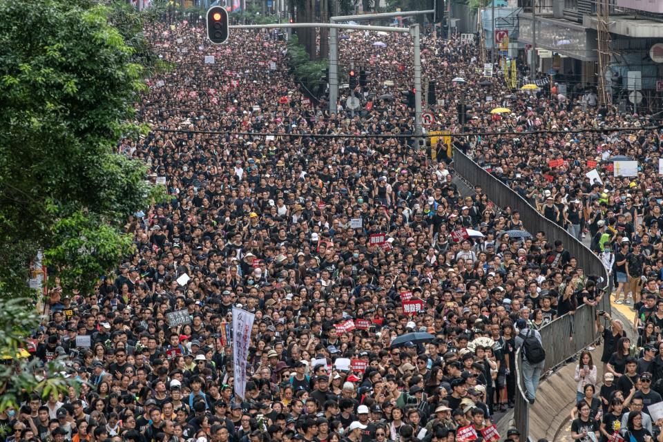 Protesters demonstrate against the now-suspended extradition bill on June 16, 2019 in Hong Kong.