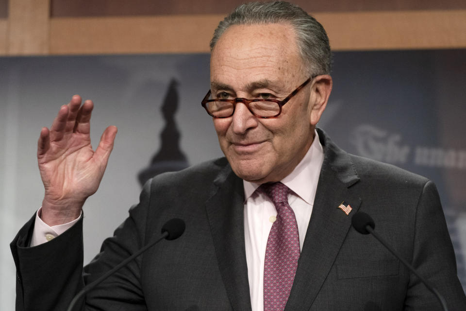 Senate Majority Leader Chuck Schumer, D-N.Y., speaks to the media, Tuesday, March 2, 2021, on Capitol Hill in Washington. (AP Photo/Jacquelyn Martin)