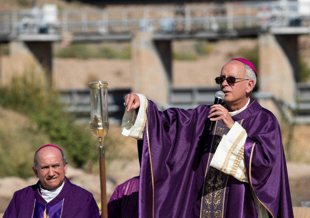Bishop Mark J. Seitz speaks about the deaths of migrants at the border during a Mass given by the Catholic clergies in El Paso, Juárez, and Las Cruces in the middle of the Rio Grande on Nov. 4, 2023.