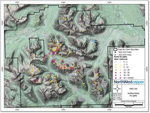 Gold (Au) ppb in rock chip samples on the East Niv Project.