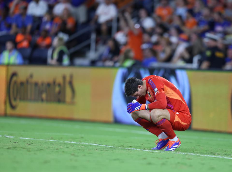 Sep 14, 2024; Cincinnati, Ohio, USA; Columbus Crew goalkeeper Patrick Schulte (28) kneels during a second half stoppage in play against FC Cincinnati at TQL Stadium. Mandatory Credit: Joseph Maiorana-Imagn Images