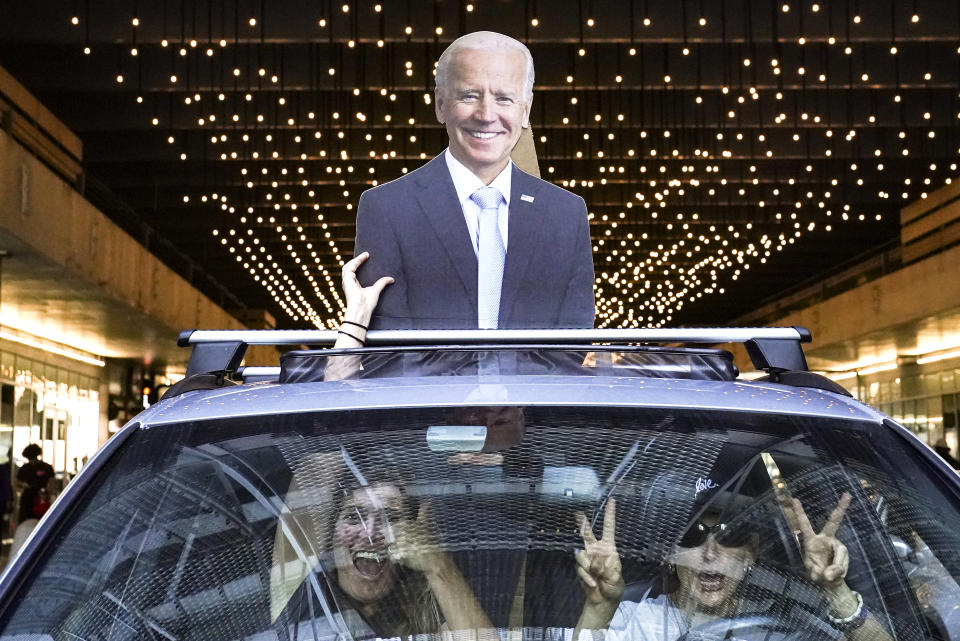 Motorists in Philadelphia celebrate after the 2020 presidential election is called for President-elect Joe Biden. (AP Photo/John Minchillo)