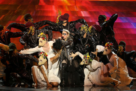 Madonna performs during a guest appearance at the Grand Final of the 2019 Eurovision Song Contest in Tel Aviv, Israel, early May 19, 2019. Courtesy Orit Pnini for KAN/Handout via REUTERS