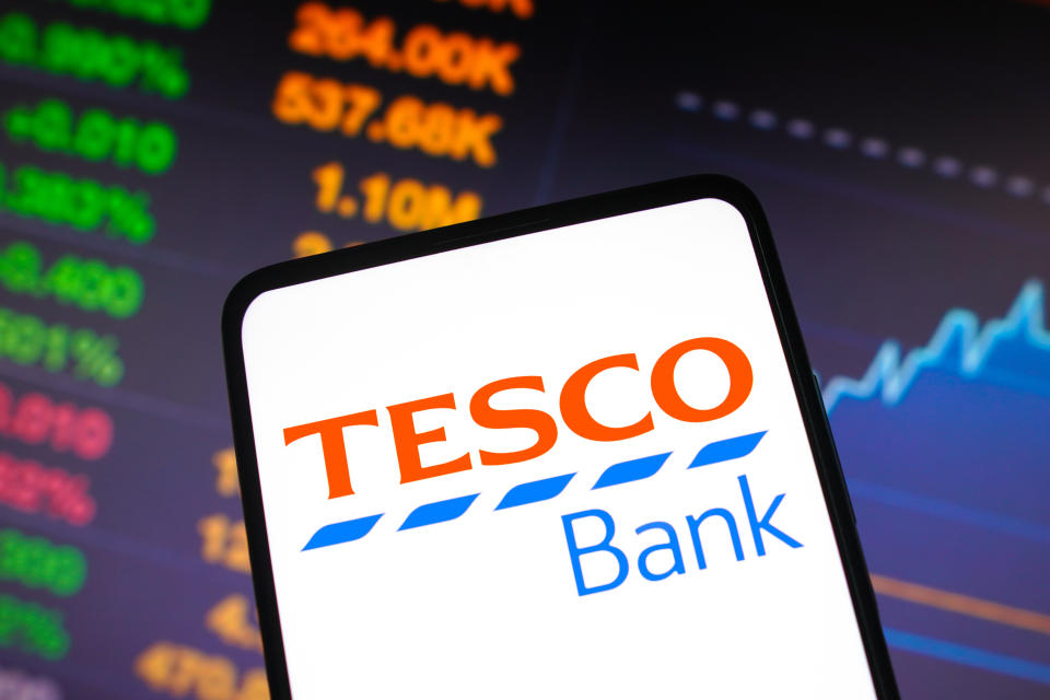 BRAZIL - 2023/04/25: In this photo illustration, the Tesco Bank logo is displayed on a smartphone screen. (Photo Illustration by Rafael Henrique/SOPA Images/LightRocket via Getty Images)