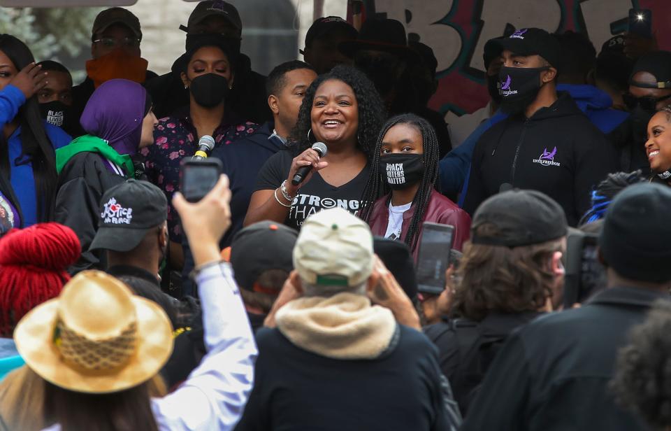 Louisville Urban League President Sadiqa Reynolds speaks during a rally at Jefferson Square Park on Saturday, March 13, 2021.