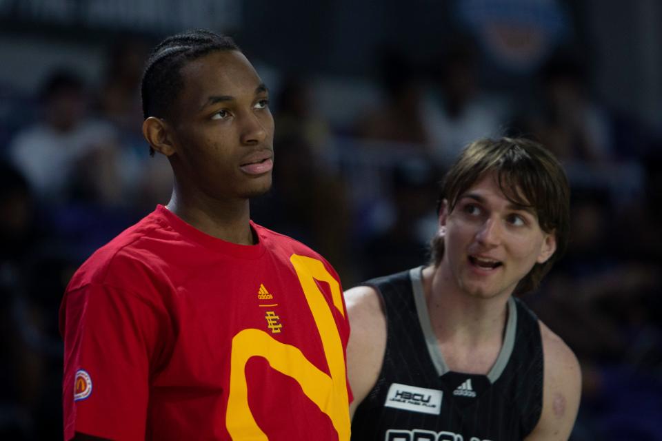 MJ Rice, then at Prolific Prep, reacts on the bench during the GEICO Nationals semifinals on April 1 in Fort Myers, Fla. Rice joined Kansas with the 2022 recruiting class.