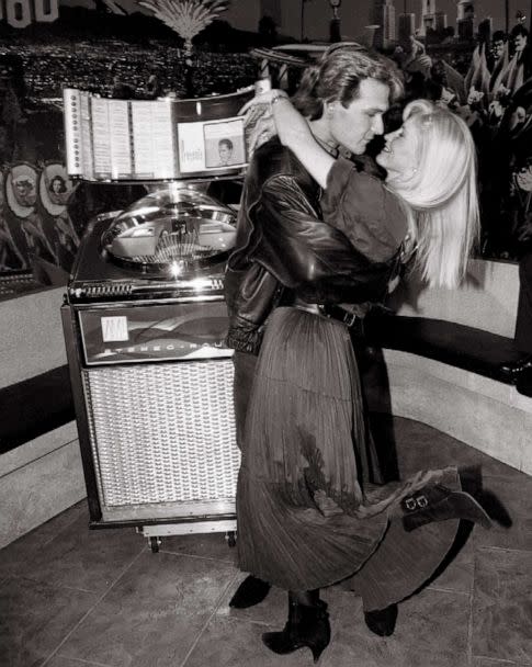 PHOTO: Patrick Swayze dances with wife Lisa Niemi, April 10, 1992, at Planet Hollywood where he presented the jukebox from movie 'Ghost' to their collection of movie memorabilia. (NY Daily News via Getty Images, FILE)