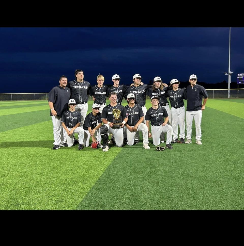 The Menard baseball team poses after their 13-7 Regional quarterfinal win over Spurger at Mart on Friday, May 10, 2024.