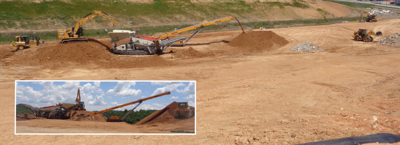 Large machinery, known as a soil screener, removes rocks to ensure the construction of the Landfill V expansion meets clay liner requirements.