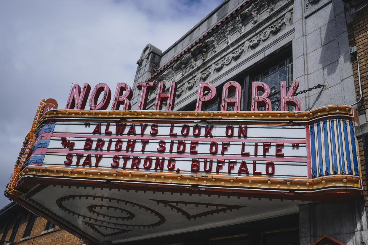 BUFFALO, NY, - MARCH 31: The North Park Theatre sports an encouraging sign in Buffalo, N.Y., on March 31, 2020. (Photo by Libby March for The Washington Post via Getty Images)