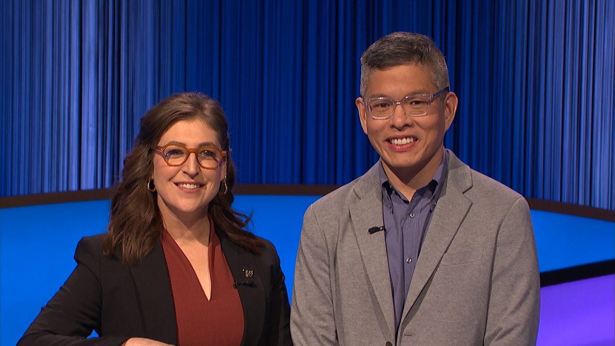 St. Norbert College professor Ben Chan was a nine-time winner on "Jeopardy!" this spring. He's seen here with host Mayim Bialik.