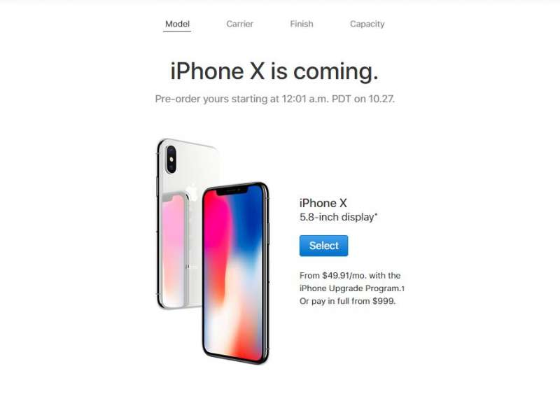 美國iPhone X售價為999美元起，約合新台幣3萬69元。(取自蘋果官網)