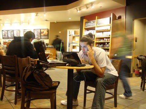 starbucks, laptop, work