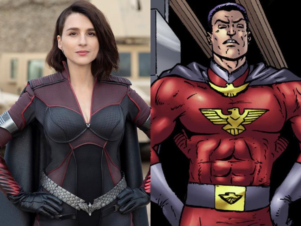 On the left: Aya Cash as Stormfront in season two of "The Boys." On the right: Stormfront in the comics.