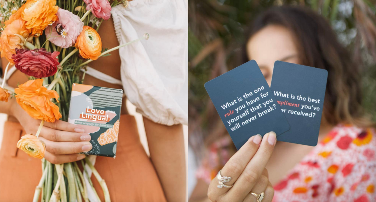 woman holding Love Lingual: Card Game with bouquet of flowers and woman holding two cards