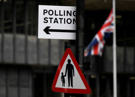 A polling station sign is seen ahead of the forthcoming EU elections, in London, Britain, May 22, 2019. REUTERS/Toby Melville