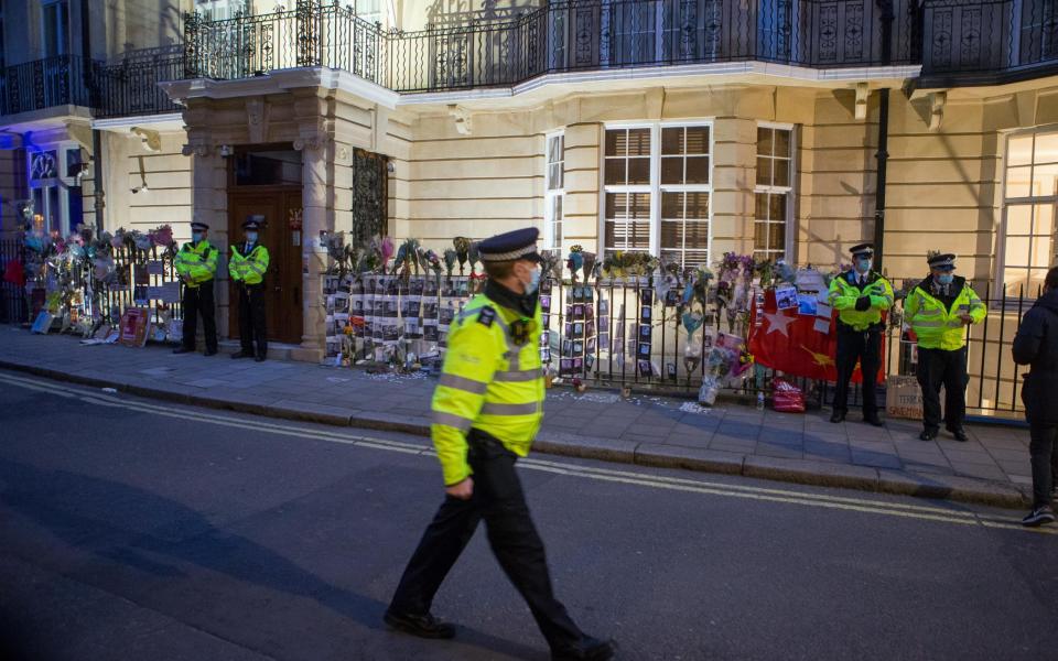 Police stand outside Embassy of the Republic of the Union of Myanmar in London -  Jamie Lorriman