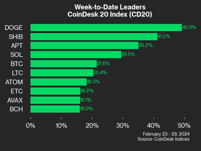 Meme coins dogecoin and shiba inu have seen outsized gains, posting advances of 49% and 41%, respectively