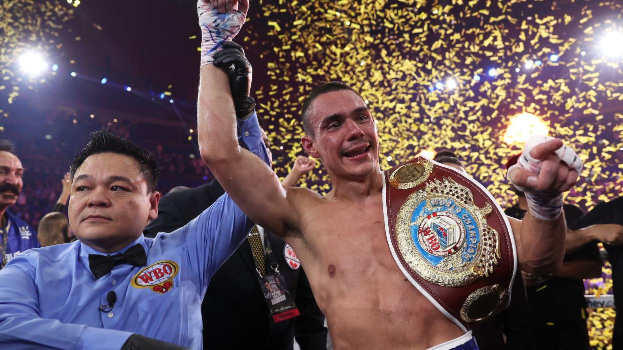  Tim Tszyu celebrates victory in the WBO super-welterweight interim world title fight between Tim Tszyu and Tony Harrison. 