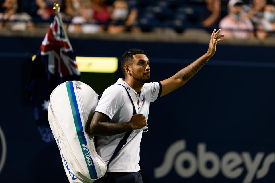 Nick Kyrgios (pictured) waves to the crowd before his National Bank Open tennis tournament first round game on August 9, 2021.