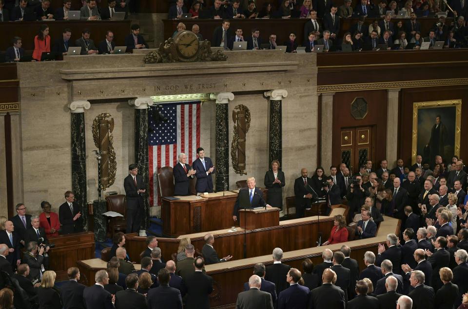 <p>Trump takes the podium at his State of the Union address at the U.S. Capitol in Washington, D.C., on Jan. 30. (Photo: Mandel Ngan/AFP/Getty Images) </p>