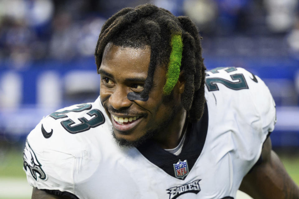 FILE - Philadelphia Eagles safety C.J. Gardner-Johnson (23) walks off the field after an NFL football game against the Indianapolis Colts, Sunday, Nov. 20, 2022, in Indianapolis. The Detroit Lions have agreed to an $8 million, one-year deal with safety C.J. Gardner-Johnson, according to a person familiar with the situation. The person spoke Monday, March 20, 2023, to The Associated Press on condition of anonymity because the agreement had not been announced.(AP Photo/Zach Bolinger, File)